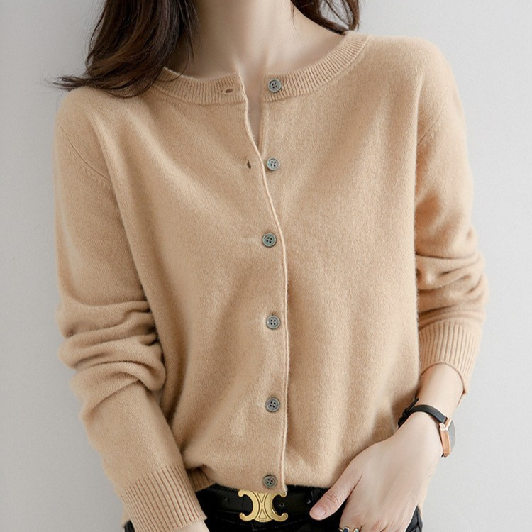 2025 Spring and Autumn New Women's Round Neck Wool Cardigan Top Short Small Jacket Solid Color Knitted Cardigan Versatile Jacket