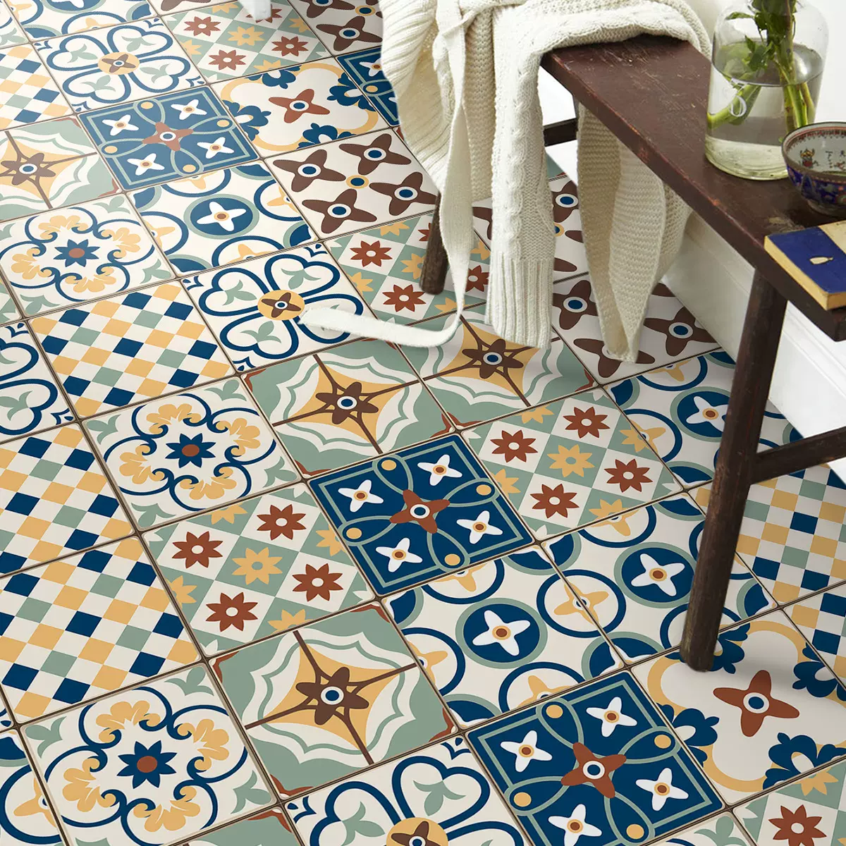 地中海风加厚客厅耐磨复古PVC地板贴磨砂地面瓷砖自粘卫浴墙贴