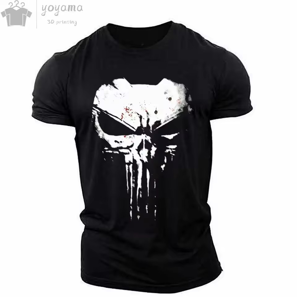 Moda venta caliente tinta calavera graffiti impresión 3D hombres verano calle moda hombro redondo cuello redondo camiseta de manga corta