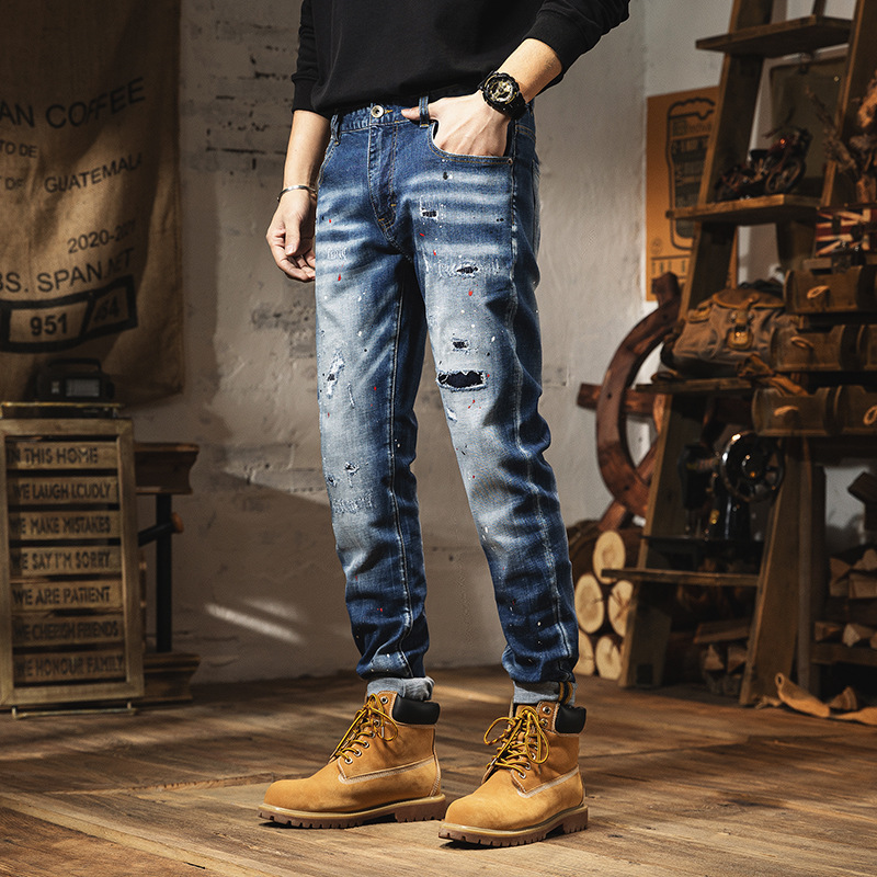 Men's Clothing Retro Light-colored Jeans For Men In Spring Trendy Brand Ripped Trousers Slim Fit Small Feet Washed Men's Trousers Spring And Summer_voghion.com