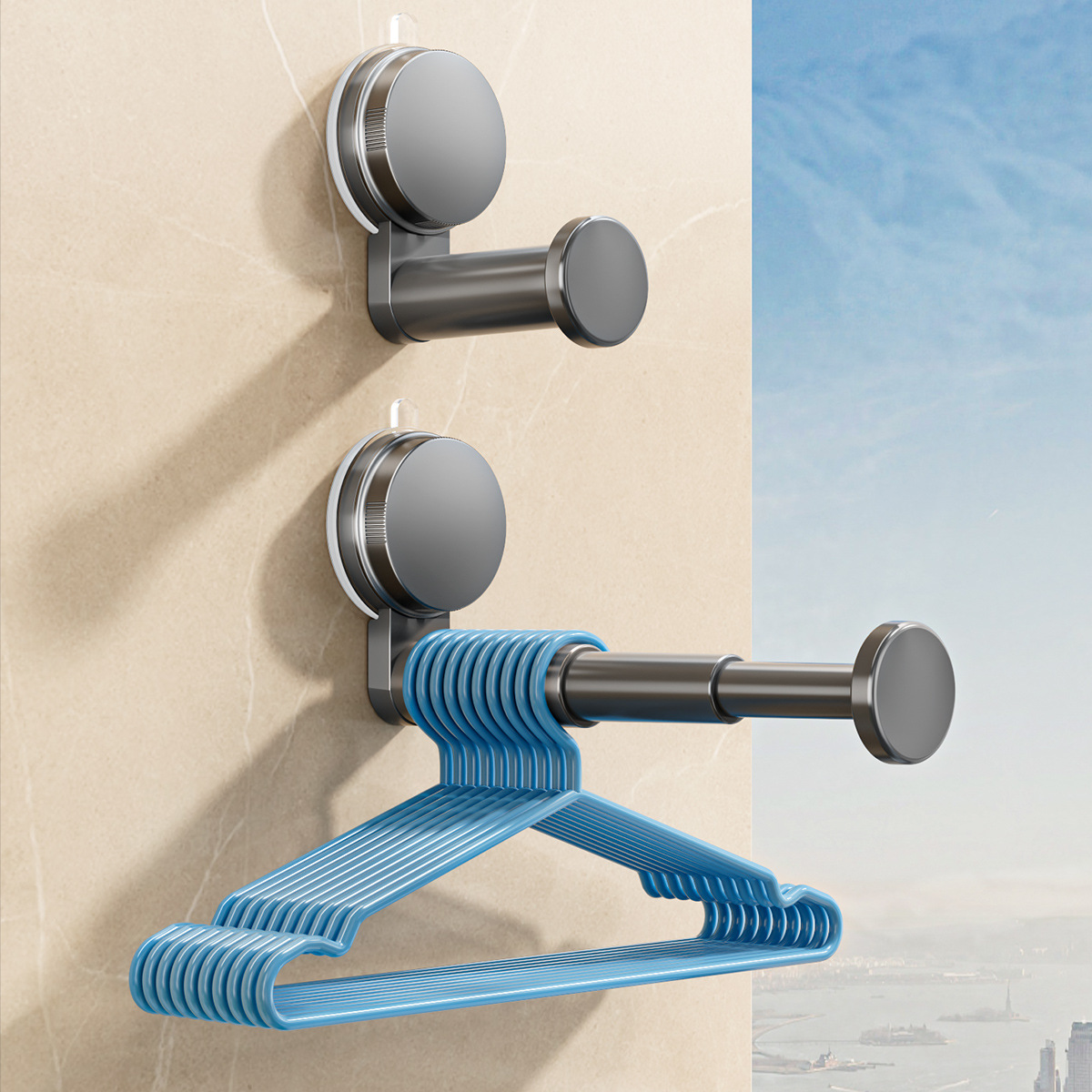 Suction Cup Clothes Hanger Storage Organizer for Home Balcony Wall-Mounted Multifunctional Retractable Rack No-Drill Clothes Drying Rack Storage Rack