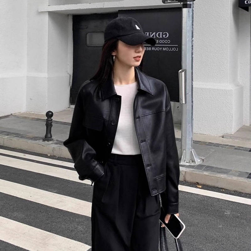 Black Short Pu Small Leather Jacket for Women 2025 Autum New Korean Style Fashion Retro Coffee Color Jacket Top Black Short Pu Small Leather Jacket for Women 2025 Autum New Korean Style Fashion Retro Coffee Color Jacket Top