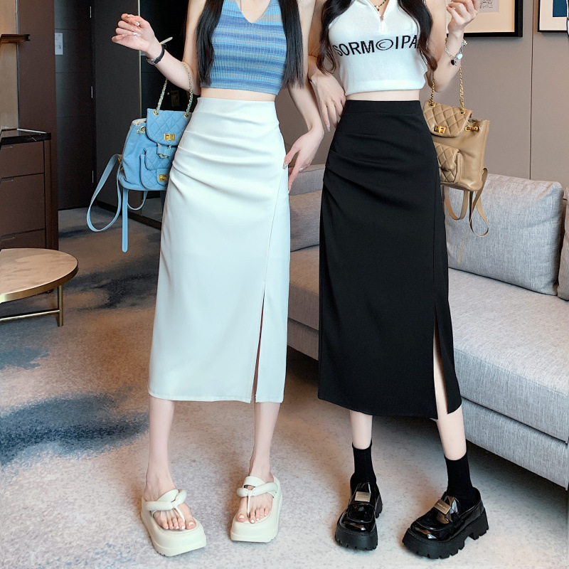 2023 split skirt women's early autumn hip skirt new high waist slimming skirt mid-length A- line skirt one-step skirt