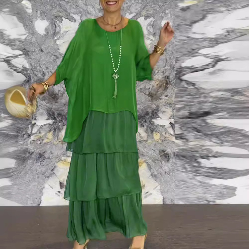 2026 European and American Fashion New Chiffon Mesh Batwing Sleeve Round Neck Long Dress European and American Style Light Luxury