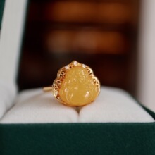 天然老蜡佛公戒指S925纯银俄罗斯老蜡蜜蜡设计感跨境电商直播批发