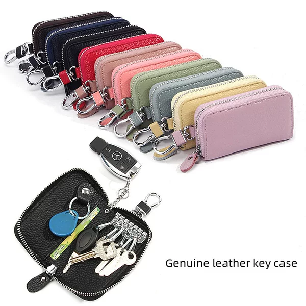 Foreign Trade First-Layer Cowhide Car Key Bag for Women Genuine Leather Household Waist Hanging Zipper Key Bag Wholesale Key Cover for Men