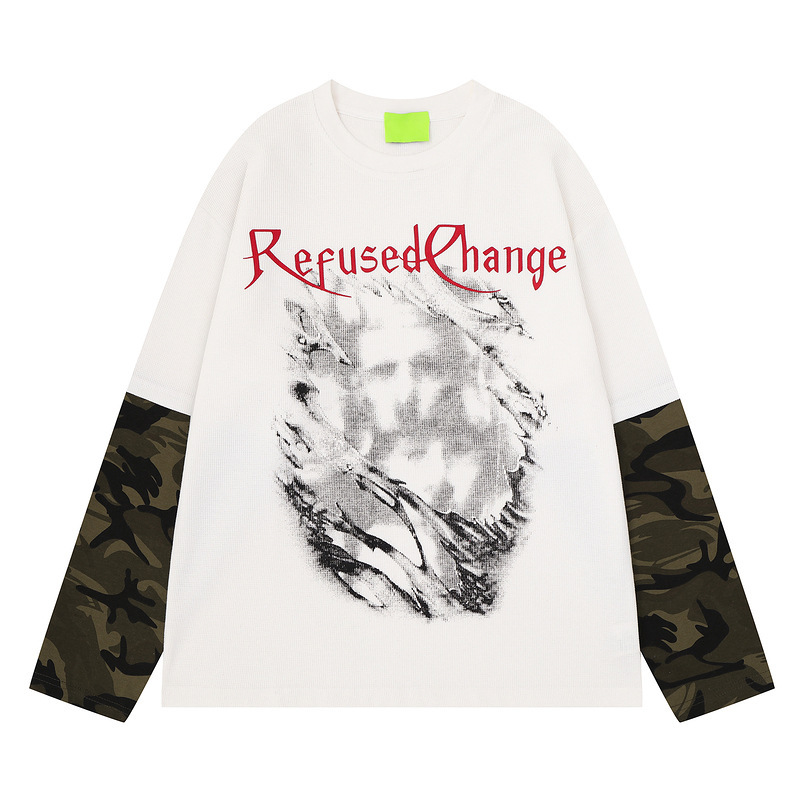 Men's white waffle knit long-sleeve T-shirt with a faux two-piece design, featuring camouflage sleeves, gothic lettering, and abstract prints, in a loose fit Men's white waffle knit long-sleeve T-shirt with a faux two-piece design, featuring camouflage sleeves, gothic lettering, and abstract prints, in a loose fit