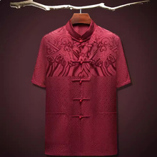 桑蚕丝唐装中老年中国风夏季薄款高档冰丝短袖印花套装夏装中式上