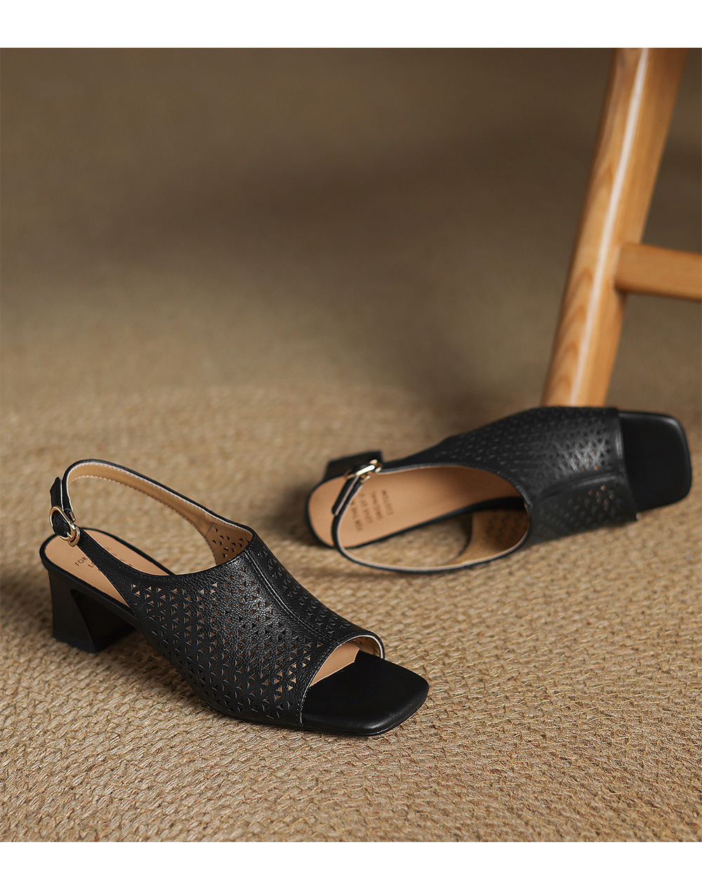 Sandal cao gót nữ hở mũi quai ngang đục lỗ da bò, gót 7 cm — Gạo trắng và cao 7 cm chi tiết 19