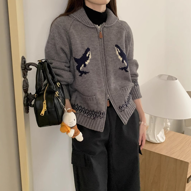 秋冬休闲翻领毛衣外套女2025新款复古提花慵懒风加厚针织拉链开衫|undefined