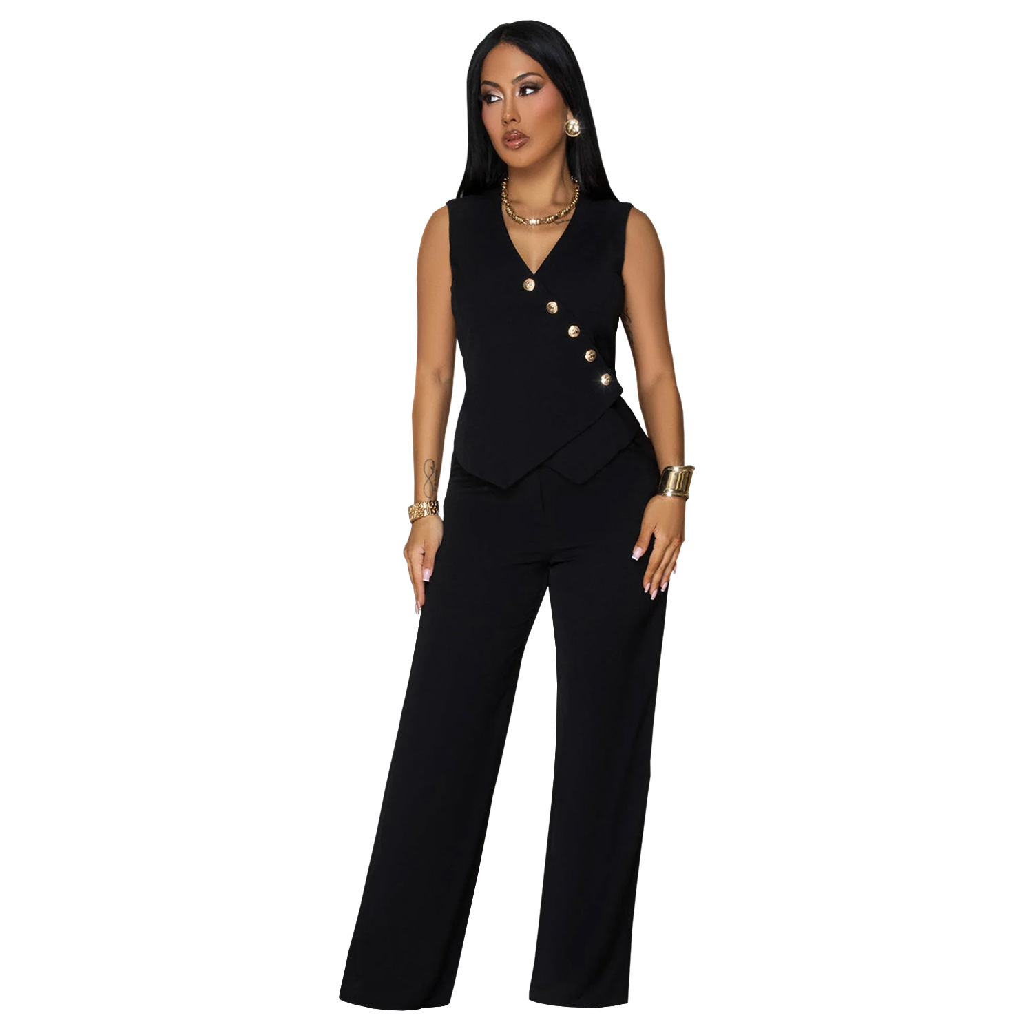 C7496 Aliexpress transfronterizo Amazon Europa y América moda de mujer casual sin mangas v-collar chaqueta pantalones largos de dos piezas nuevo