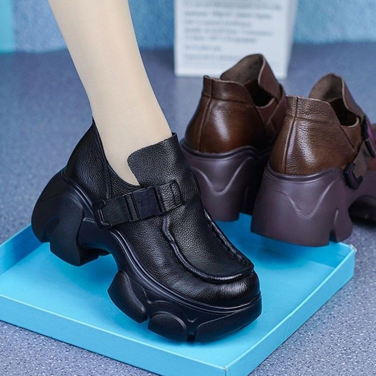 Platform Thick-Soled Retro Shoes for Small People, Women's Autum New Round-Toe Belt Buckle Deep-Mouth Shoes, Casual Leather Shoes