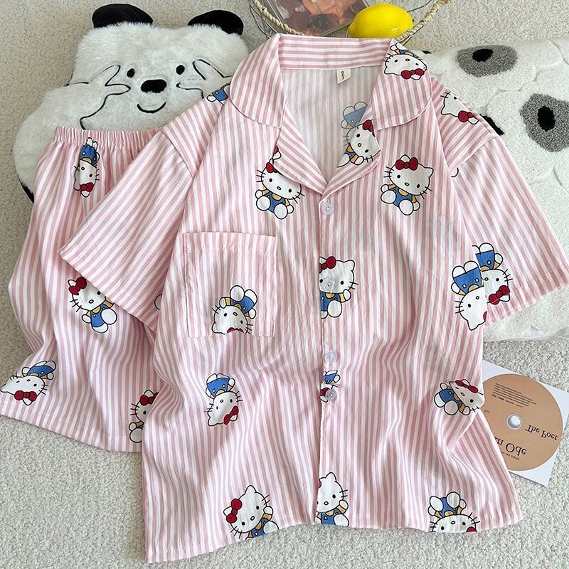 Cute Powder Striped Kitten Pajamas Summer Women's New Short-sleeved Shorts Summer Korean-style Thin Home Clothes Two-piece Set