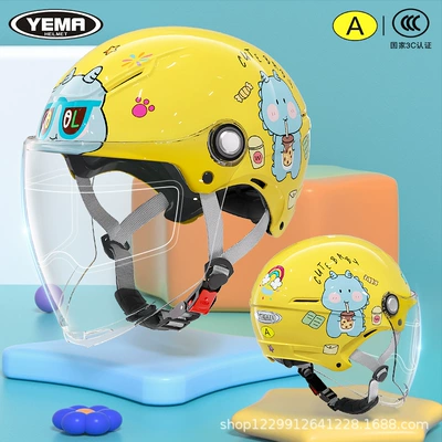All-Season Model for Boys, Summer: Motosiklet kaskı (dəbilqə) - summer-style-lemon-yellow-dinosaur-transparent-long-mirror-anti-fog-patch