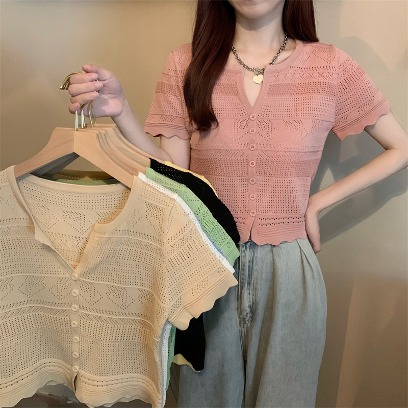 Women's Ice Silk Knitted Short-Sleeved Cardigan for Women Summer Thin V-Neck French Gentle Short T-Shirt Top Slimming Look