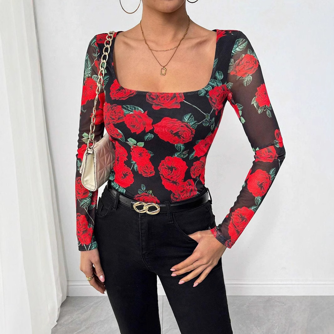 European and American cross-border spring and summer new women's French romantic rose flower mesh printed sexy U-neck T-shirt