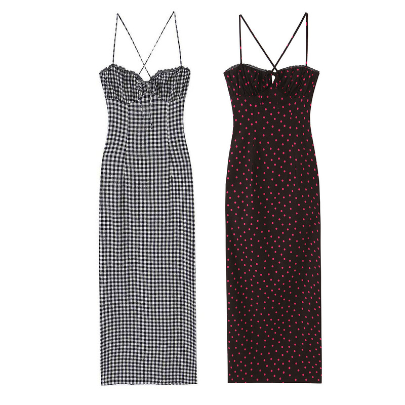 Taop&Za Women's Clothing 2026 Summer New Retro Slim Fit V-Neck Small Plaid Midi Dress 4745039