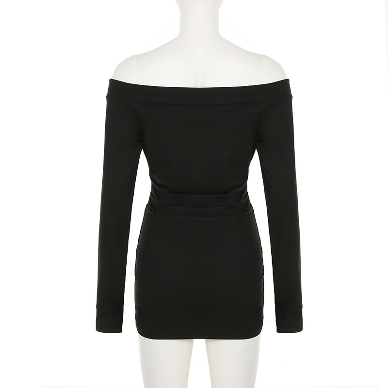 Rhinestone off Neck Elegant Pleated Waist Controlled Slimming Long Sleeve Dress Sexy off Shoulder Hip Dress