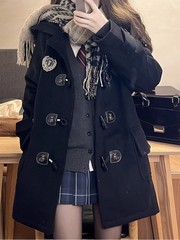 （450克）学院风牛角扣大衣外套秋冬黑色女毛呢jk制服中长款大衣