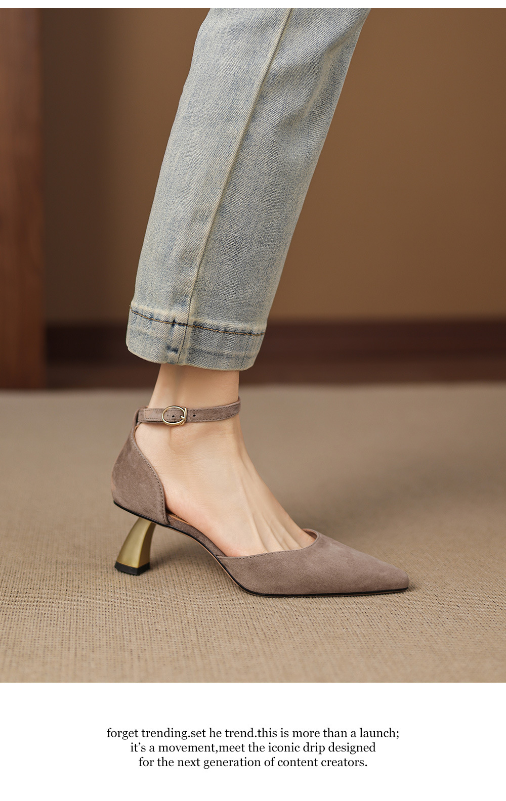 Sandal nữ da cừu mũi nhọn quai ngang gót cao 7 cm — đen chi tiết 10