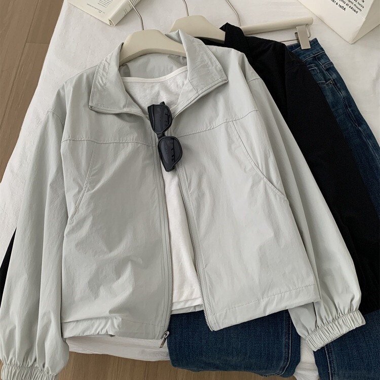 Minimalist Korean Style Patchwork Large Pocket Stand Collar Zip-Up Jacket for Women, Stylish Workwear Style Autumn Cardigan Jacket