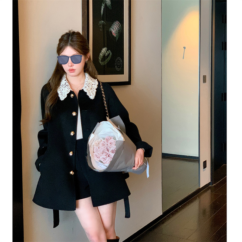 杨小卷1OO羊毛miu系千金感双面呢大衣女短款系带收腰翻领毛呢外套|undefined