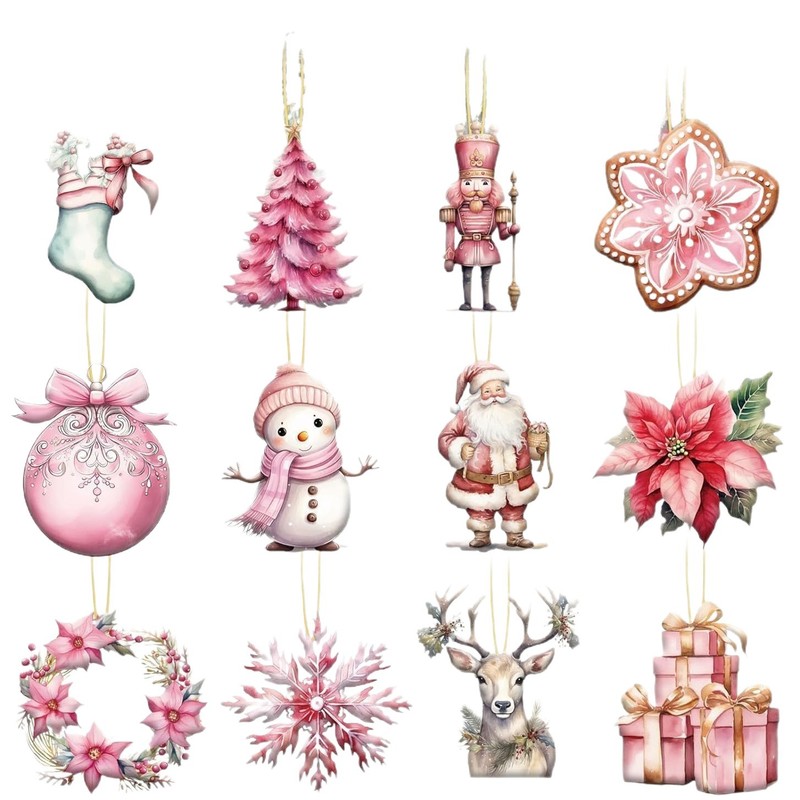 24 個ピンククリスマス木製装飾クリスマス雪だるまサンタクロースヘラジカガーランド木製クリスマス吊り下げ装飾品ロープ付き|undefined