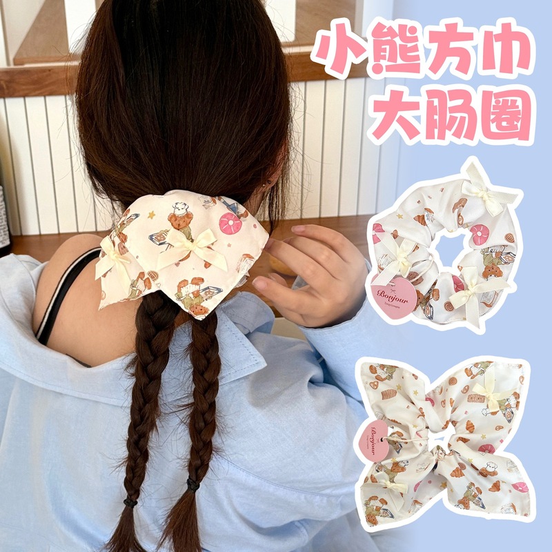 クリームクマ大腸リングヘアアクセサリーかわいいリボンスクエアスカーフカチューシャガールハートポニーテールゴムバンドヘアバンド|undefined