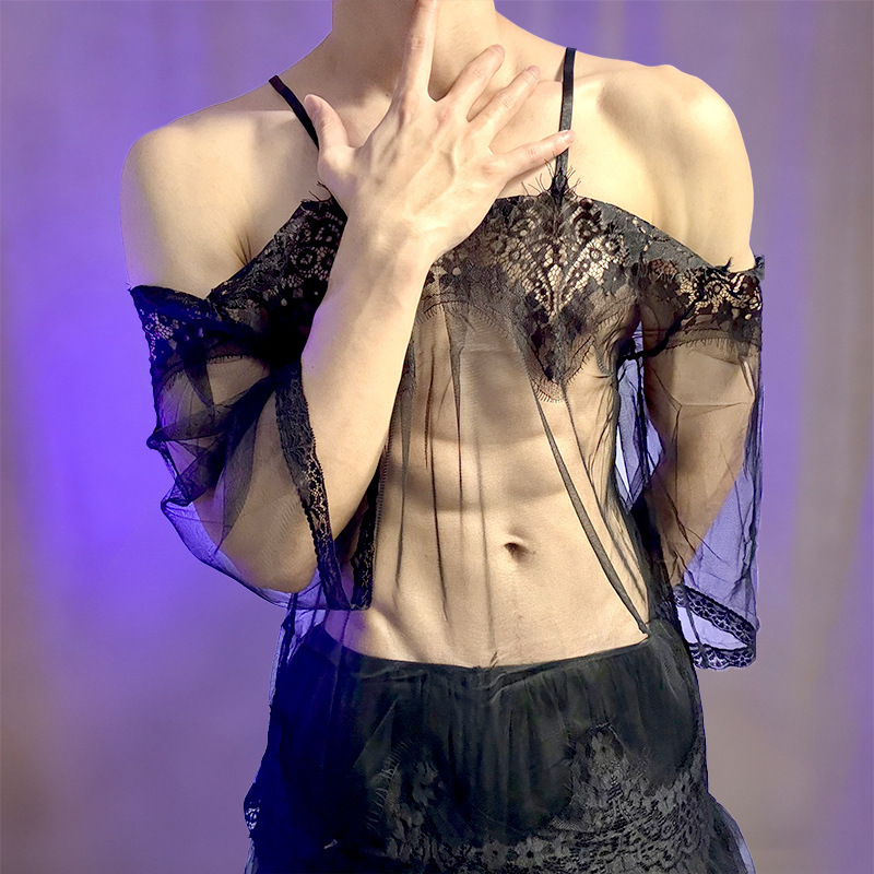Lobe Sexy Lingerie New Style Sexy Gauze Dress Hollow-Out Nightgown Men's Transparent Eyelash-Style Qqny Abstinence-Style Men's Top