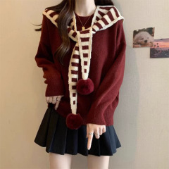 假两件条纹披肩针织衫安可拉红色毛衣女秋冬款宽松针织衫上衣