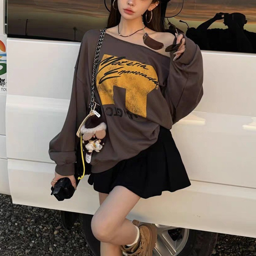 mina家德令哈女孩泡菜灰色黄涂鸦字母卫衣+短裙上衣裙子