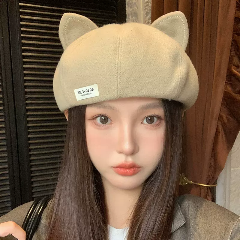 可爱俏皮猫耳猫个性风潮贝雷帽韩版休闲百搭圆顶大头围显瘦南瓜帽