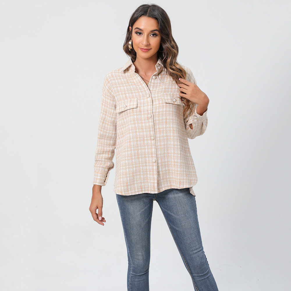 Pearl Button Plaid Lapel Long-Sleeved Shirt Jacket NSWCJ92370