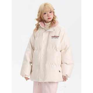 韩系甜美风字母印花撞色pu棉服外套女学院风冬季宽松保暖加厚棉衣