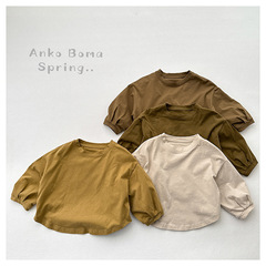 基礎色系外穿上衣~春秋新款兒童棉質圓領打底衫男女童韓版長袖T恤