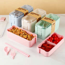 日式双层饭盒送餐具大容量ins风保鲜盒便携午餐盒可贴标跨境代发