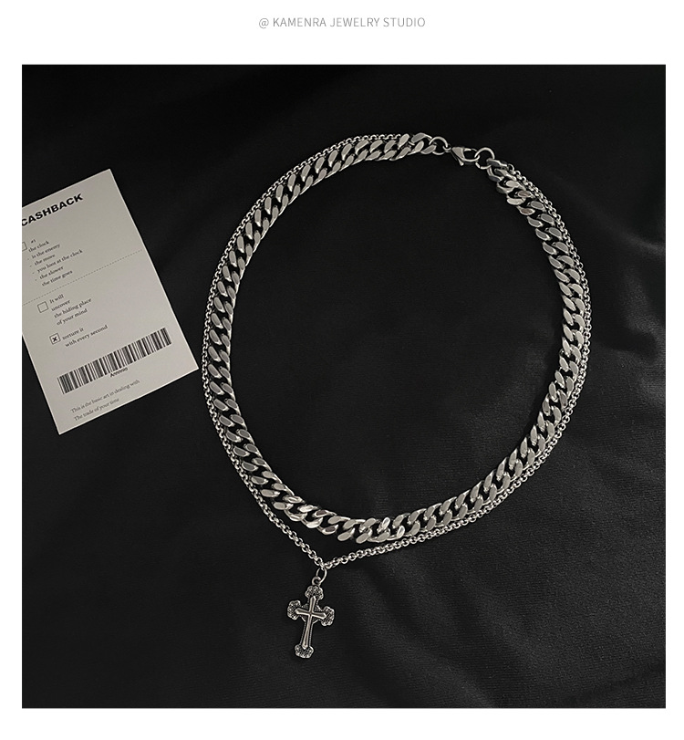 New Hot INS Dark Wind Cross Pendant Hip Hop Personality Double Layer Design Titanium Steel Necklace Men's Chain Sweater_voghion.com