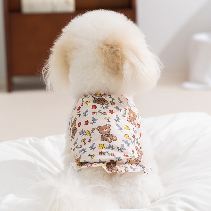 Perro de primavera y verano lindo oso estampado completo falda de calabaza colgante floral vestido de gato ropa de perro de peluche