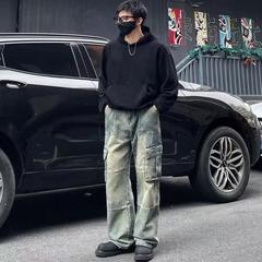 美式复古做旧直筒工装牛仔裤男士秋冬季宽松潮流多口袋阔腿休闲裤