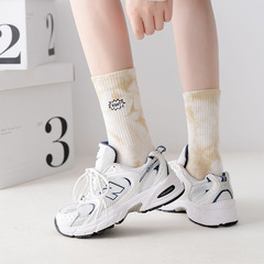 扎染中筒襪子英文刺繡高筒百搭棉襪中腰長筒襪男ins潮情侶襪