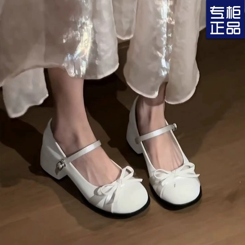 Маленькие толстые туфли на высоком каблуке с толстой подошвой в стиле феи с бантом Мэри Джейн, весна-лето 2025, женские белые туфли на плоской подошве с круглым носком