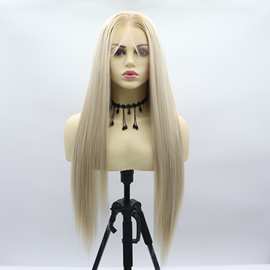 手勾前蕾丝13*6韩国丝化纤假发女渐变金色中分长直发跨境欧美头套