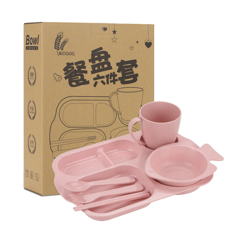 Set of Wheat Straw Children's Tableware for Home Use, Student Divided Fast Food Plate Six-Piece Set with Bowl, Chopsticks, Spoon, and Cups Printed with Logo