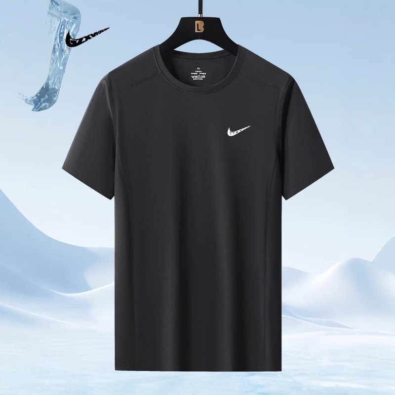 Men's Summer Outdoor Sports Quick-Drying T-Shirt Men's Casual Breathable Sweat-Absorbent Elastic Ice Silk Fitness Wear Round Neck Short Sleeves