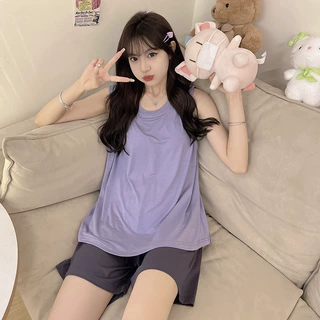 【定制】夏季莫代尔睡衣女新冰丝凉感薄款背心短裤带胸垫家居服