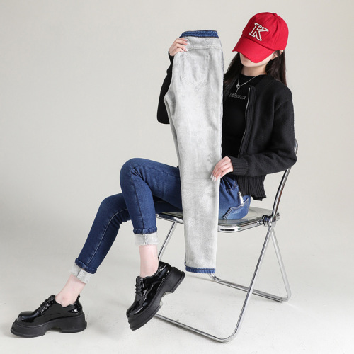 Women's Winter  High-Waisted Black Tight-Fit Mini Length Thicker Fleece Lined Denim Pants with Outer Wearing Design