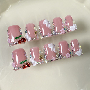 Nail Art European and American Duckbill Nails with Three-Dimensional Carving, Gentle Cherry Pink, Sweet Handmade Wearable Nails, Sparkling Ice-Transparent Fake Nails