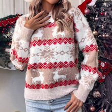 欧美外贸跨境雪花小鹿圣诞毛衣提花印花针织套头衫女新款sweater