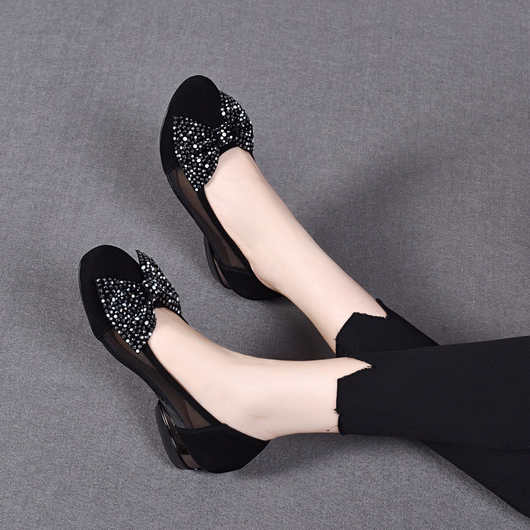 Sandal nữ đế bệt da thật mũi tròn gót vuông quai chữ V nơ bướm thoáng khí — Màu đen