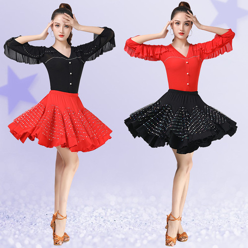 Latin dance tops for women, fashionable modern dance square ballroom dance jitterbug dance clothes new diamond-encrusted beautiful dance clothes